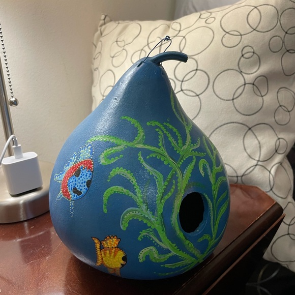 Hand crafted painted blue FISH  bird house blue dry gourd multicolored dotted - Picture 4 of 14